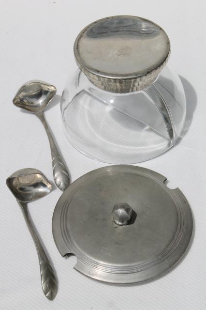 photo of glass condiment bowl or sauce dish w/ ladles, vintage Queen Art Danish Quality pewter, Brooklyn NY #12