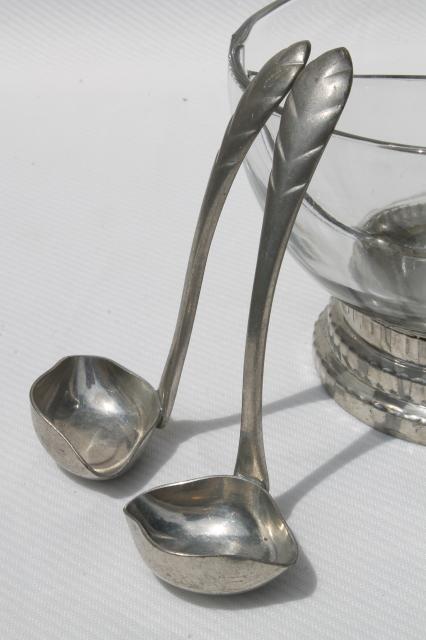 photo of glass condiment bowl or sauce dish w/ ladles, vintage Queen Art Danish Quality pewter, Brooklyn NY #14