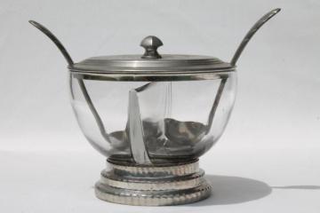 catalog photo of glass condiment bowl or sauce dish w/ ladles, vintage Queen Art Danish Quality pewter, Brooklyn NY