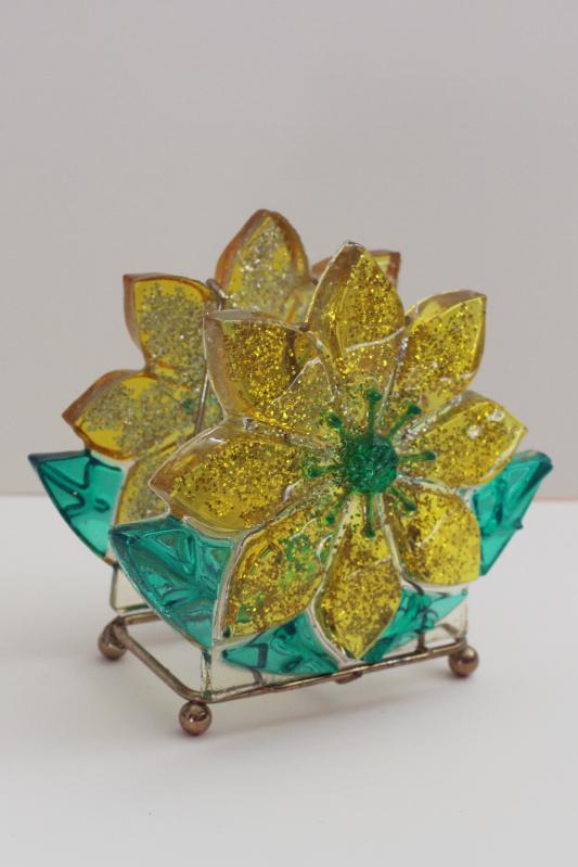 photo of glitter lucite plastic daisy napkin holder, flower power 60s 70s vintage #1