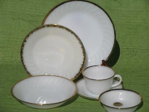 photo of gold edge white swirl, vintage Fire-King label glass dishes, set for 8 #2