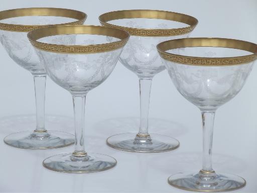 photo of gold encrusted laurel band etched crystal, vintage champagne glasses #1