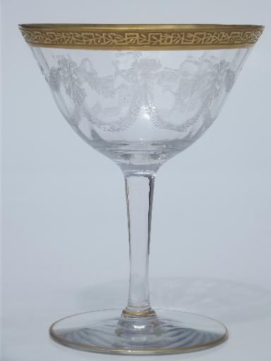 photo of gold encrusted laurel band etched crystal, vintage champagne glasses #2