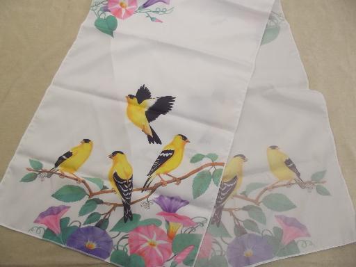 photo of gold finch bird print scarf, long vintage scarf with goldfinches #1