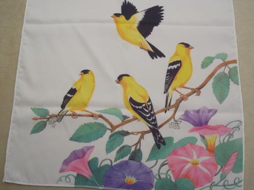 photo of gold finch bird print scarf, long vintage scarf with goldfinches #3