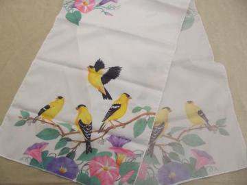 catalog photo of gold finch bird print scarf, long vintage scarf with goldfinches