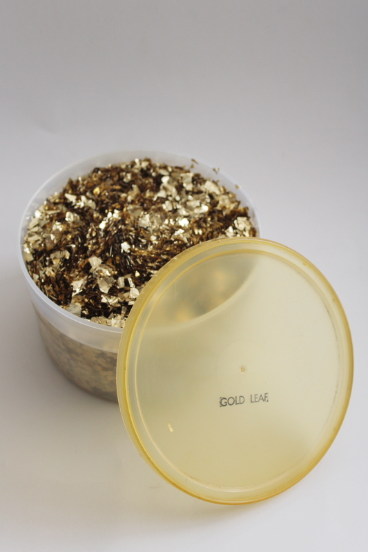 photo of gold leaf metal flake foil sparkle glitter for crafts, 6 oz container 1970s vintage #1