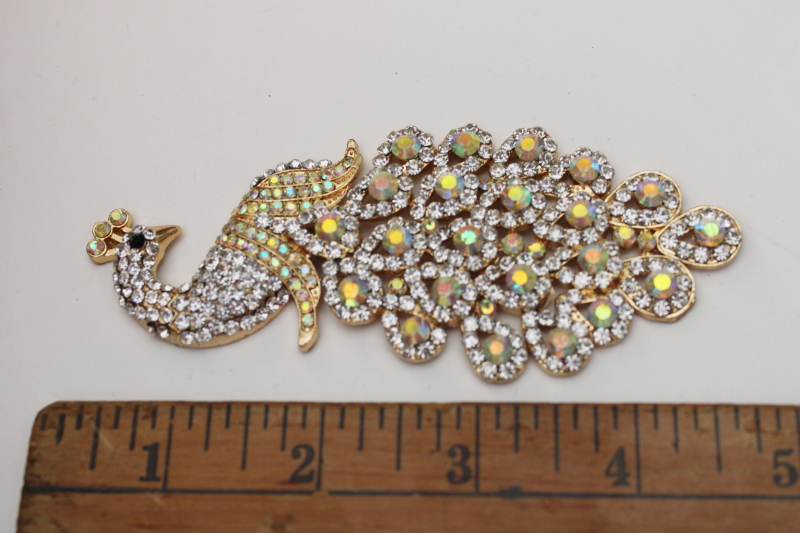 photo of gold tone peacock with luster rhinestones costume jewelry applique or brooch (needs pin back)  #1