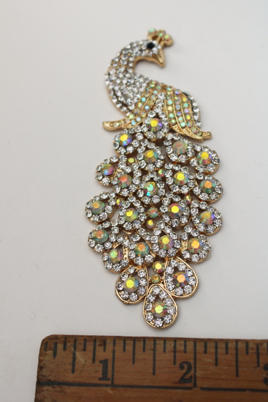 photo of gold tone peacock with luster rhinestones costume jewelry applique or brooch (needs pin back)  #2