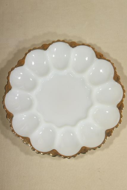 photo of gold trimmed milk glass egg plate, serving tray for deviled eggs, vintage Anchor Hocking #1