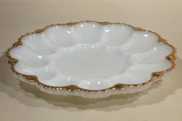 photo of gold trimmed milk glass egg plate, serving tray for deviled eggs, vintage Anchor Hocking #2