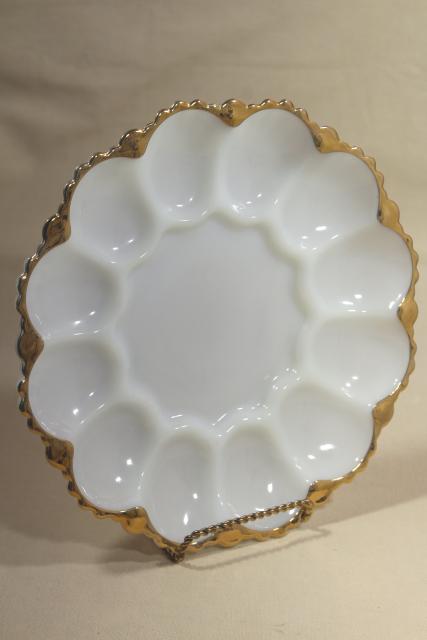 photo of gold trimmed milk glass egg plate, serving tray for deviled eggs, vintage Anchor Hocking #4