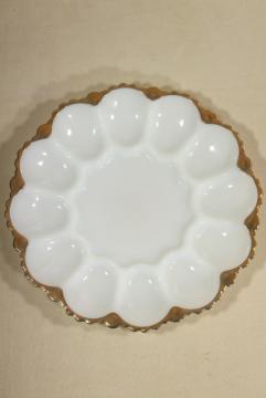 catalog photo of gold trimmed milk glass egg plate, serving tray for deviled eggs, vintage Anchor Hocking