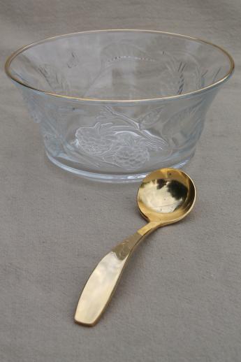 photo of gold trimmed preserves bowl w/ spoon, strawberry raspberry pattern glass made in France #2