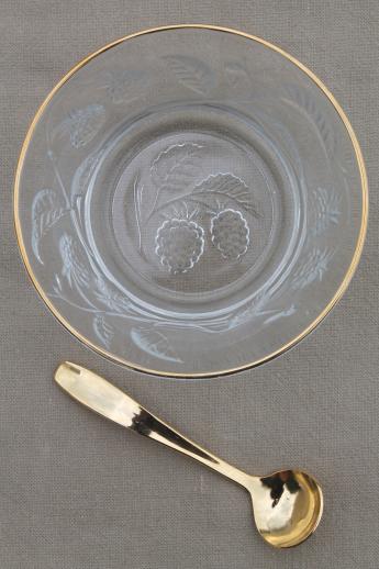 photo of gold trimmed preserves bowl w/ spoon, strawberry raspberry pattern glass made in France #3