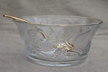 catalog photo of gold trimmed preserves bowl w/ spoon, strawberry raspberry pattern glass made in France