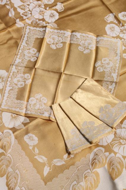 photo of gold & white floral satin damask table linens, vintage tablecloth & napkins set #2