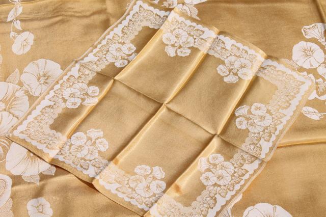 photo of gold & white floral satin damask table linens, vintage tablecloth & napkins set #3