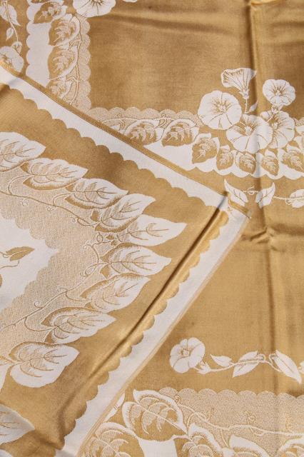 photo of gold & white floral satin damask table linens, vintage tablecloth & napkins set #5