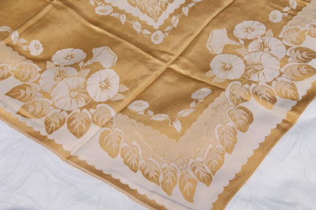 photo of gold & white floral satin damask table linens, vintage tablecloth & napkins set #6