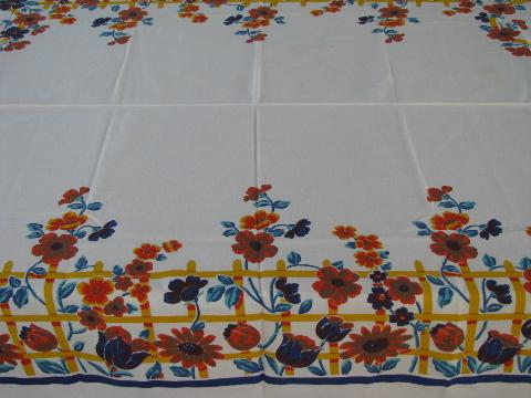 photo of golden fall flowers, bright 40s-50s vintage print cotton tablecloth #1