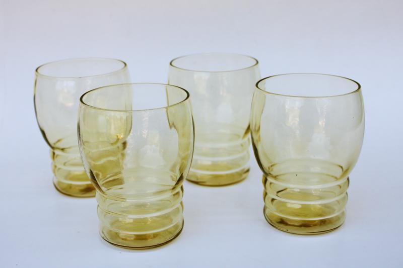 photo of golden glow amber yellow depression glass tumblers, Federal glass Tudor ring pattern #1