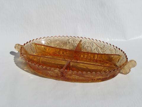 photo of golden sunset old Westmoreland glass divided relish, princess feather pattern #1