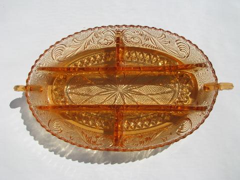 photo of golden sunset old Westmoreland glass divided relish, princess feather pattern #2