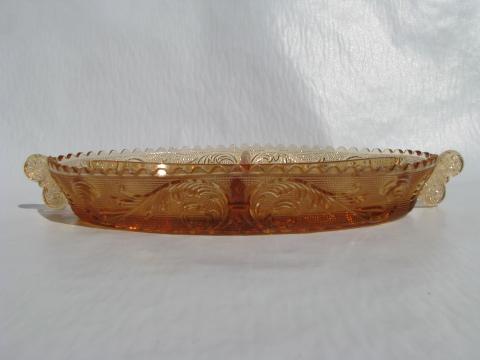 photo of golden sunset old Westmoreland glass divided relish, princess feather pattern #3