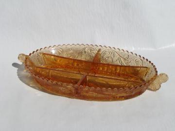 catalog photo of golden sunset old Westmoreland glass divided relish, princess feather pattern