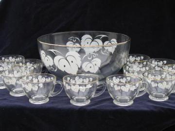 catalog photo of gooseberries print vintage glass punch bowl /set