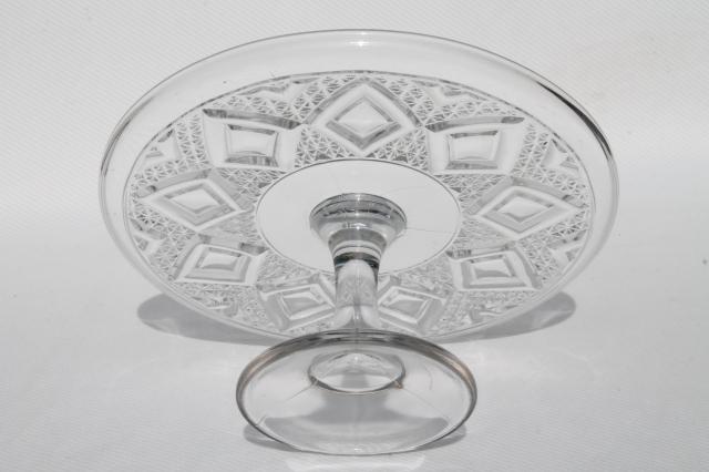 photo of grand old cake stand, vintage pressed pattern glass pedestal plate diamond medallion #7