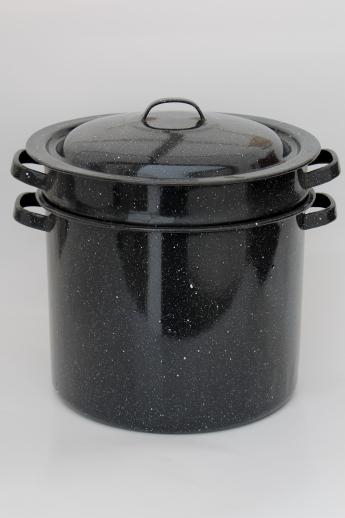 photo of graniteware steamer basket stockpot, black & white spatterware enamelware #1