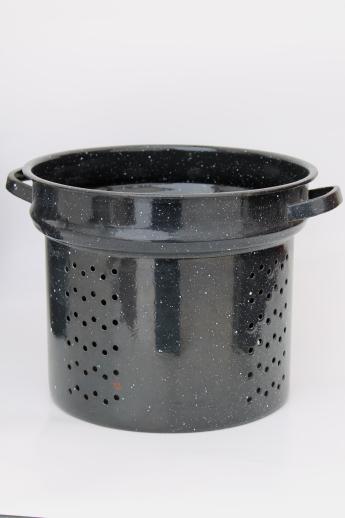 photo of graniteware steamer basket stockpot, black & white spatterware enamelware #3