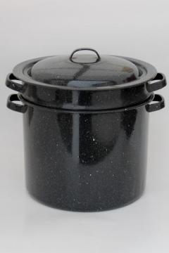 catalog photo of graniteware steamer basket stockpot, black & white spatterware enamelware