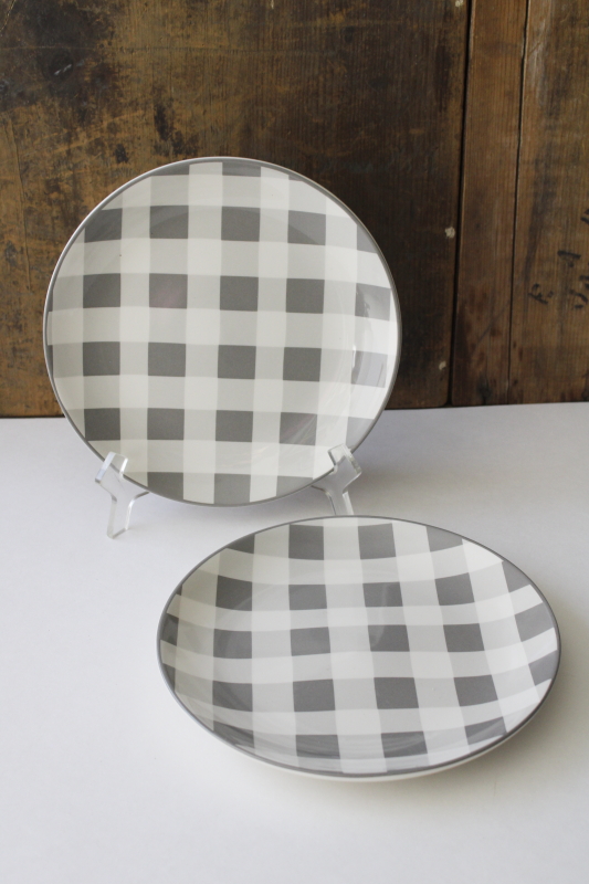 photo of gray & white gingham buffalo checked pattern salad plates vintage farmhouse style, new w/ labels  #1