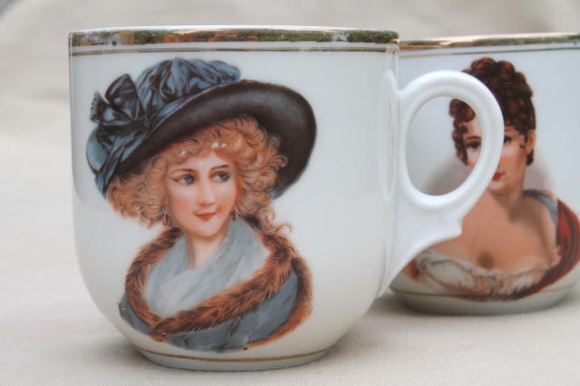 photo of great beauties portrait china, antique German porcelain mugs w/ Georgiana & Josephine #3