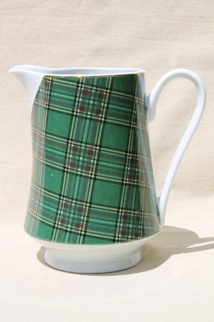 photo of green & blue plaid tartan ware china milk pitcher, Pacific Rim porcelain #1