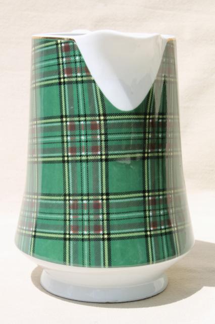 photo of green & blue plaid tartan ware china milk pitcher, Pacific Rim porcelain #2