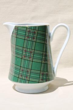 catalog photo of green & blue plaid tartan ware china milk pitcher, Pacific Rim porcelain