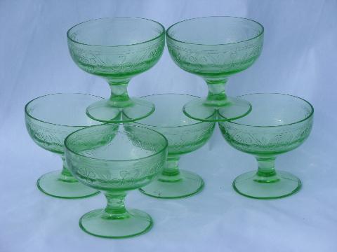 photo of green cloverleaf pattern depression glass, six vintage sherbet dishes #1