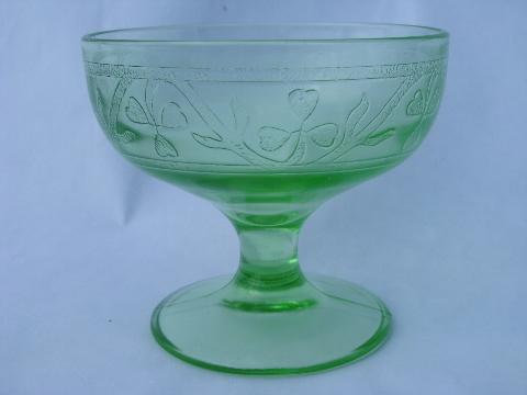 photo of green cloverleaf pattern depression glass, six vintage sherbet dishes #2