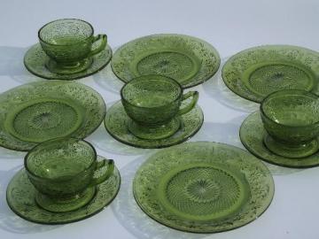 catalog photo of green daisy vintage Indiana glass plates, cups and saucers dishes set for 4