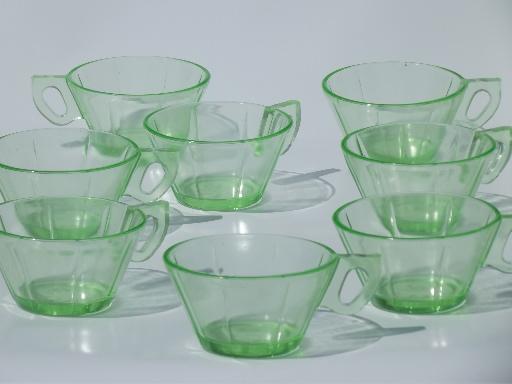 photo of green depression glass tea cups, vintage US Glass pinwheel scroll pattern #2