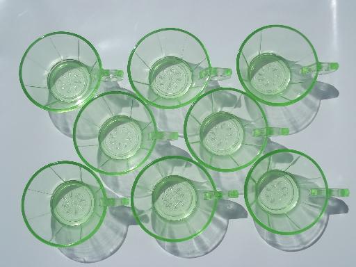 photo of green depression glass tea cups, vintage US Glass pinwheel scroll pattern #5