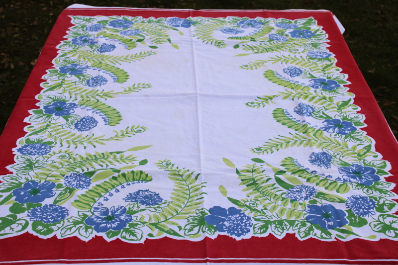 photo of green ferns blue flowers red border print vintage cotton kitchen tablecloth  #1