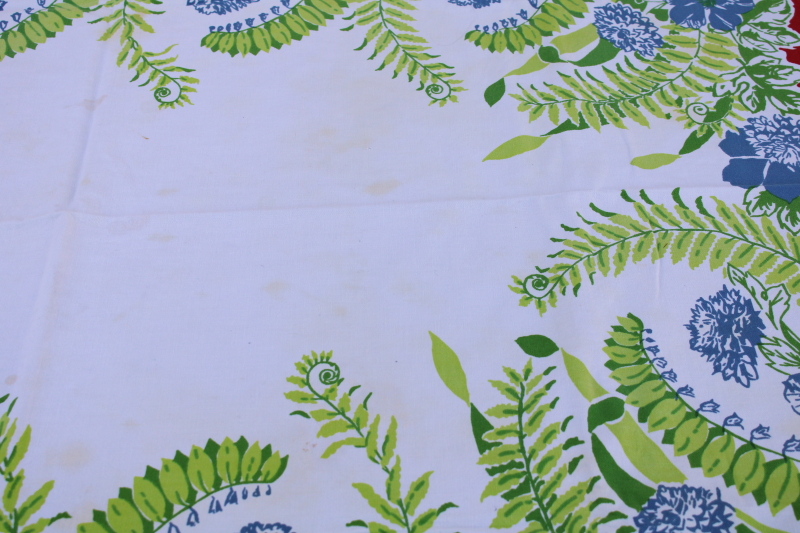 photo of green ferns blue flowers red border print vintage cotton kitchen tablecloth  #2