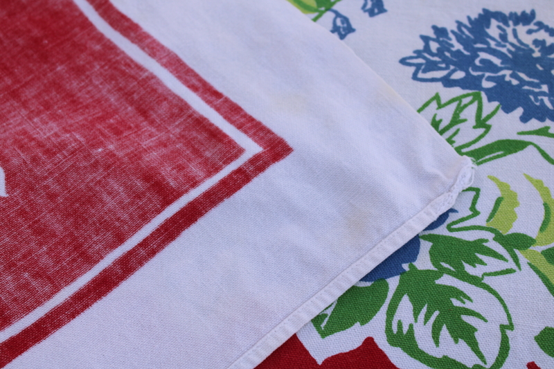 photo of green ferns blue flowers red border print vintage cotton kitchen tablecloth  #5