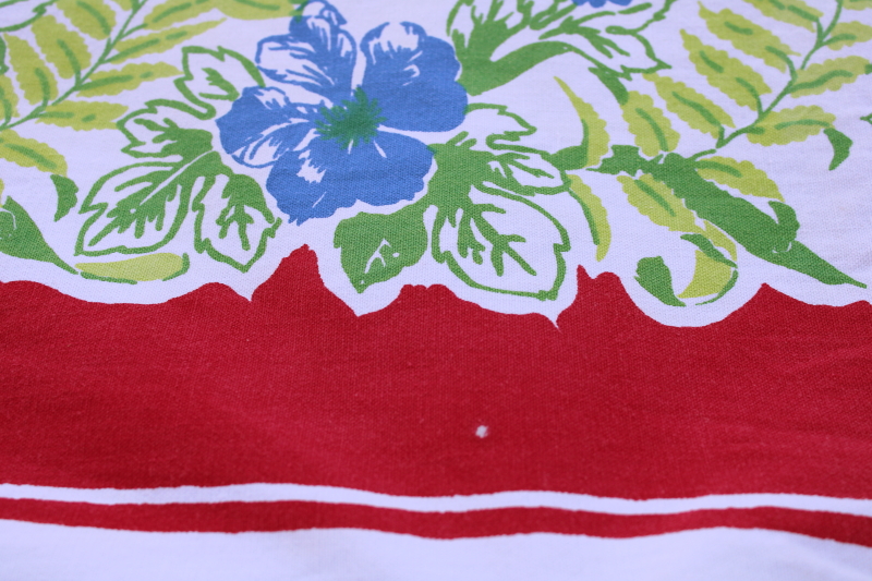 photo of green ferns blue flowers red border print vintage cotton kitchen tablecloth  #6