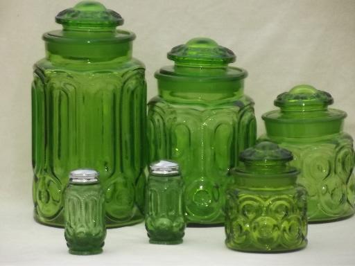 photo of green glass Moon & Stars pattern kitchen canisters, vintage canister set #1